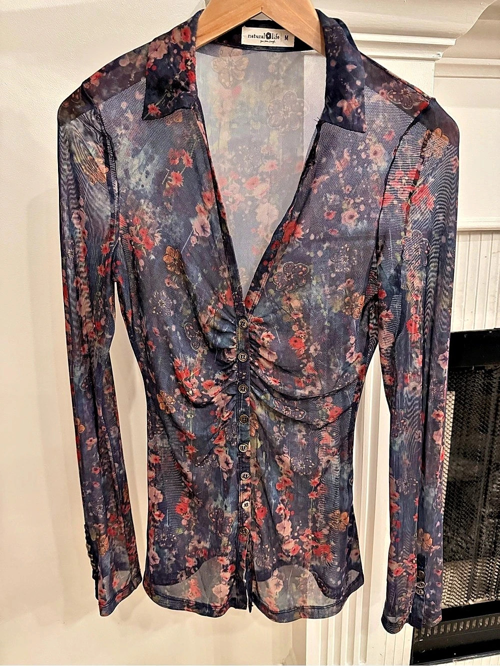 Natural Life Floral Mesh Button Front Top Blouse Size Medium